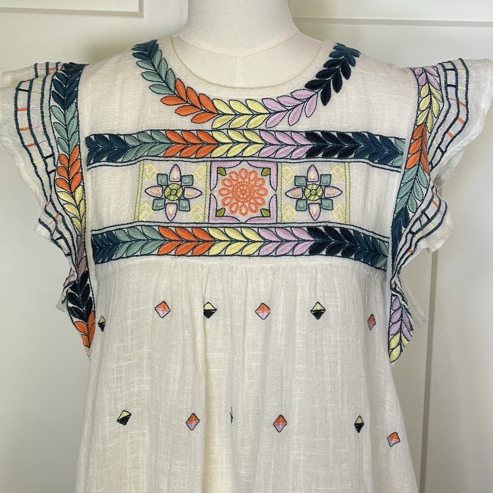 En Créme Embroidered Blouse - Women's LARGE- Flutter Sleeves Boho Cottagecore - Picture 3 of 9